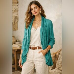 Anthropologie Teal Brushed Horizons Wool Blend Lightweight Open Knit Cardigan S